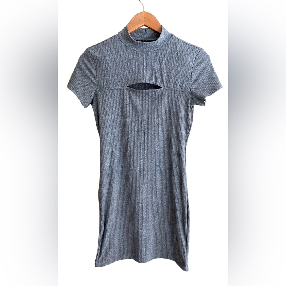 Streetwear Society: Gray Bodycon Ribbed Stretchy Dresss with Peekaboo Opening